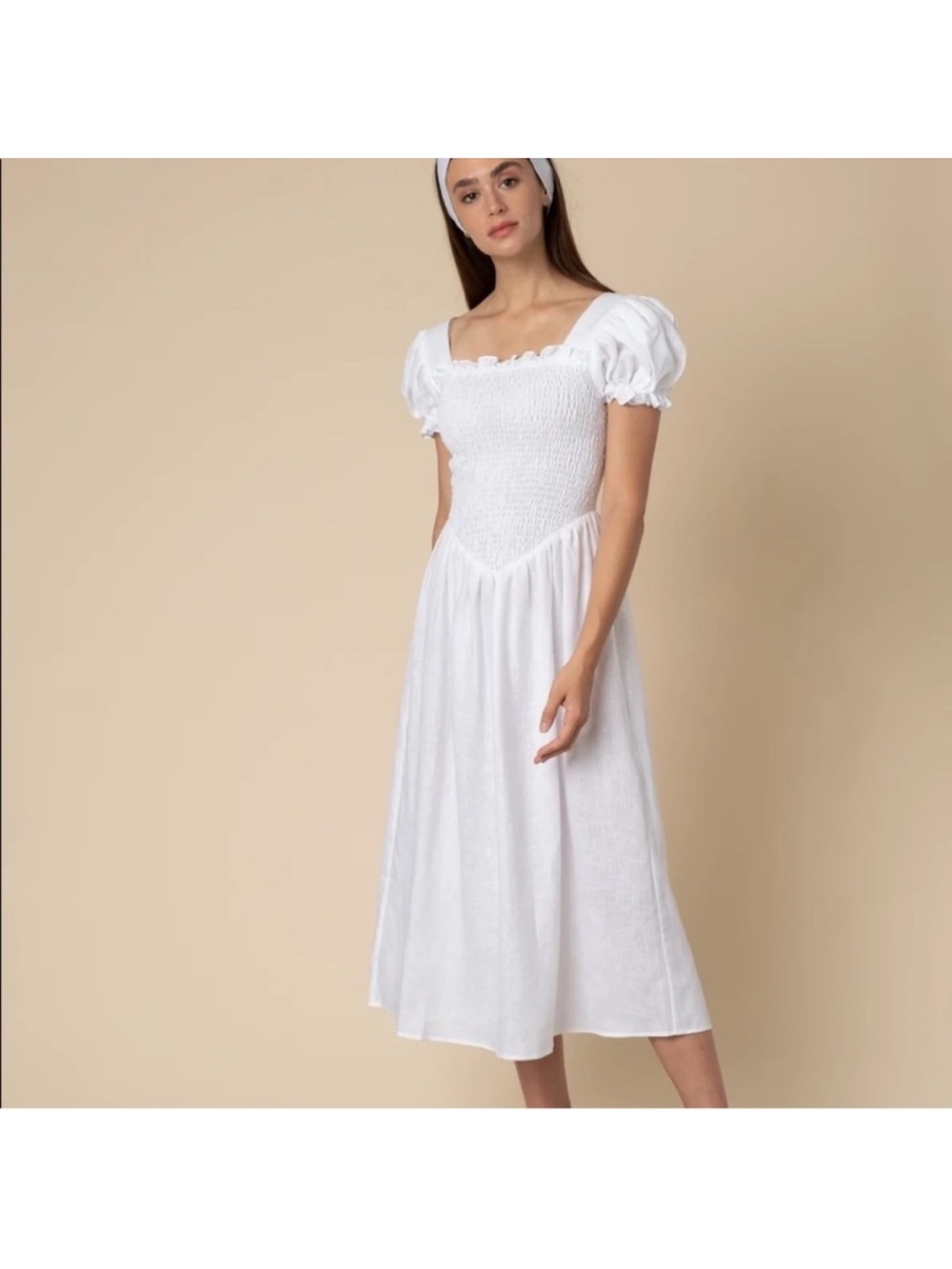 Sleeper White Smocked Puff Sleeve Midi